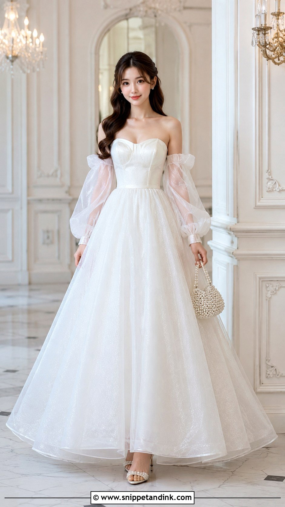White Detachable Sleeve Ball Gown With Pearl Bag - Snippet and Ink - 25 White Ball Gown Ideas