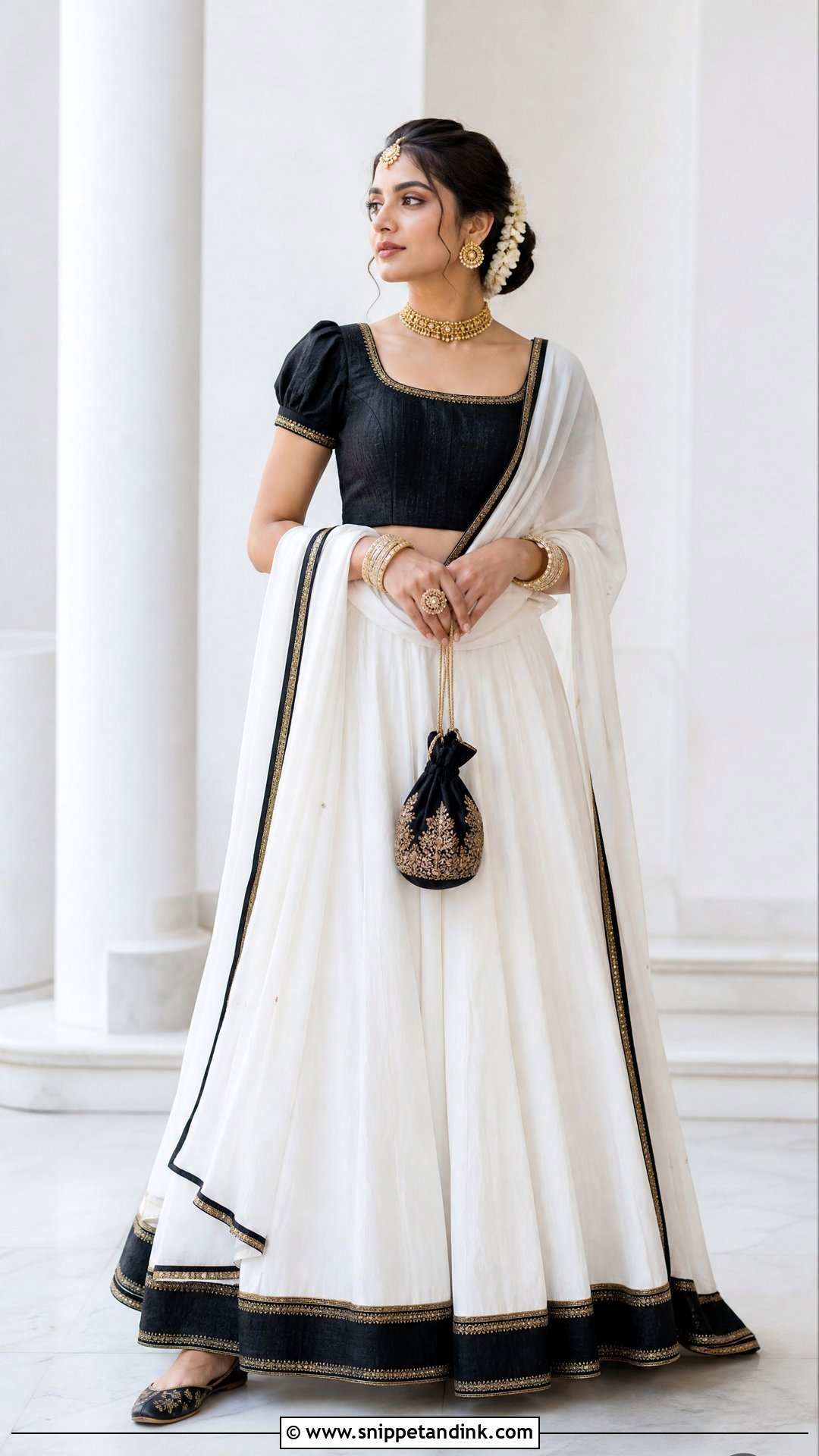 White Dhavani With Black Blouse - Snippet and Ink - 20 White Dhavani Ideas