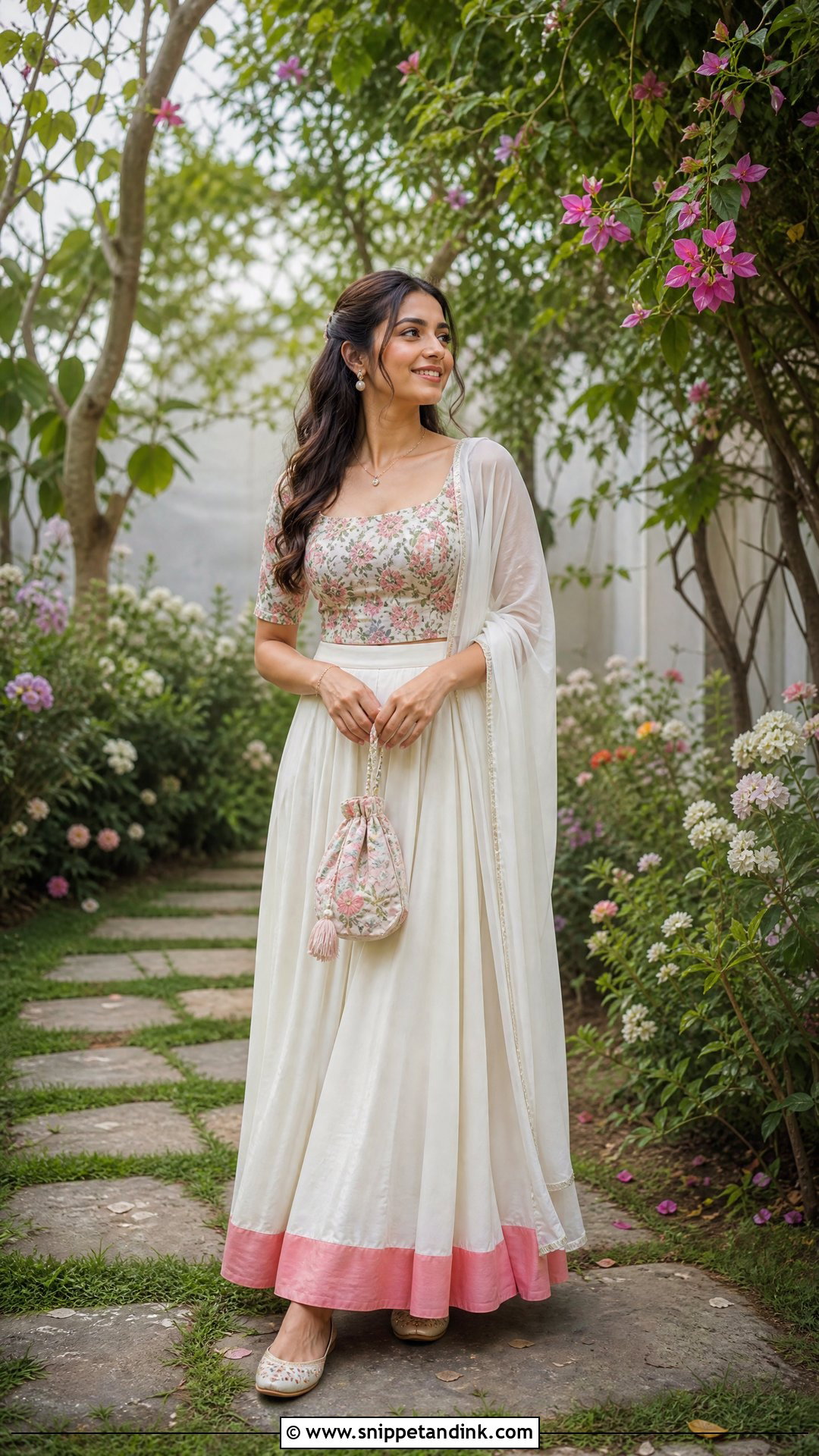 White Dhavani With Floral Blouse - Snippet and Ink - 20 White Dhavani Ideas