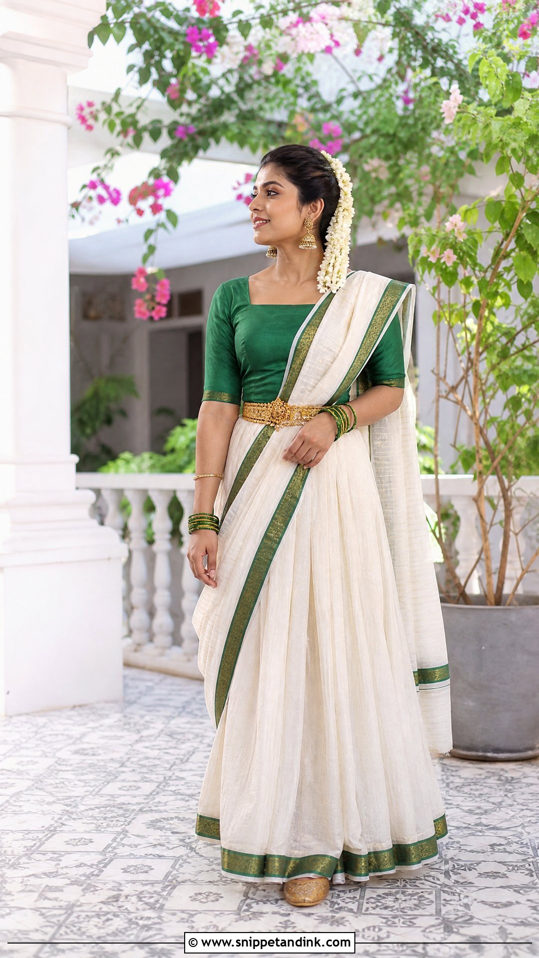 White Dhavani With Green Blouse - Snippet and Ink - 20 White Dhavani Ideas