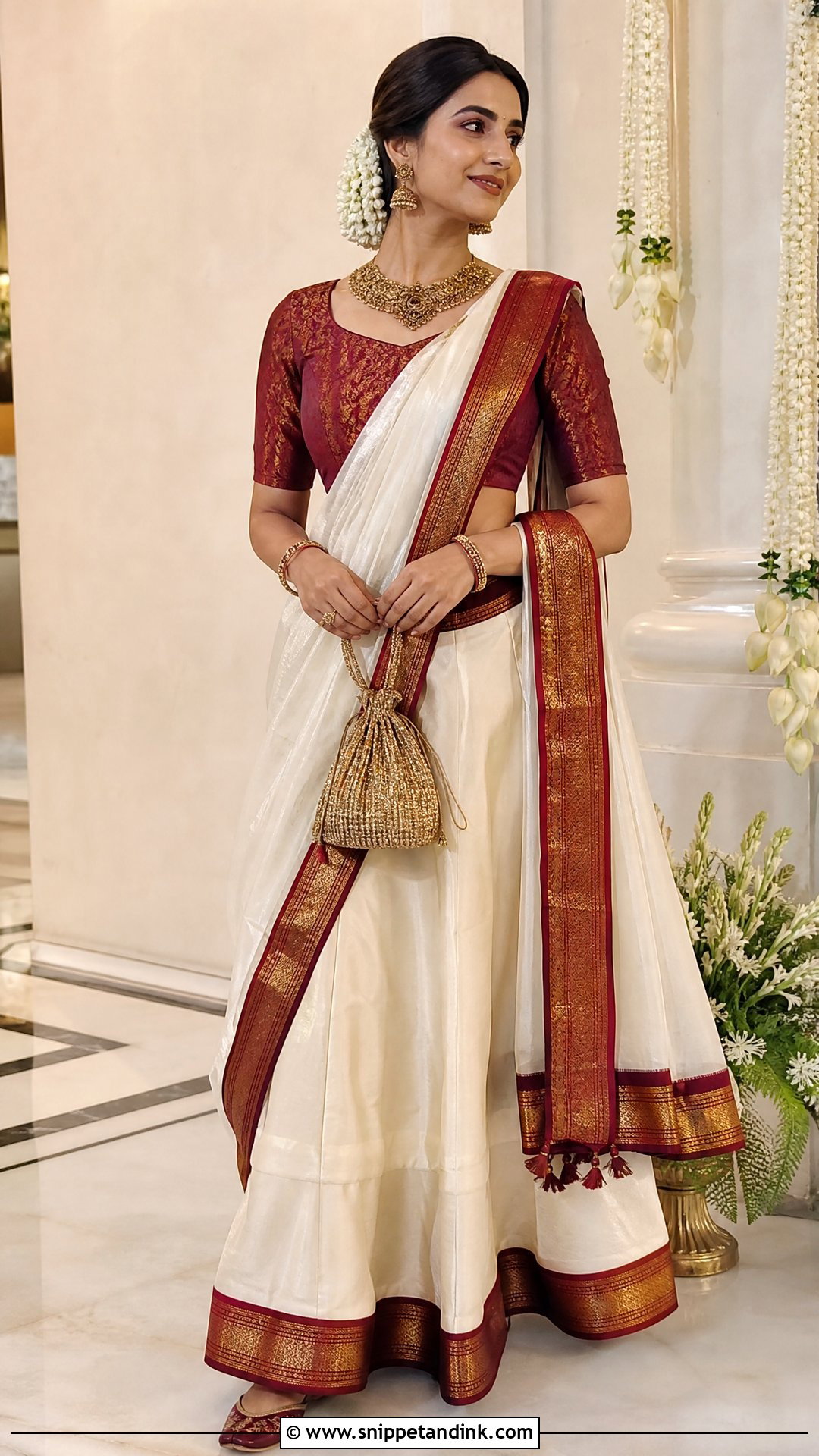 White Dhavani With Maroon Blouse - Snippet and Ink - 20 White Dhavani Ideas