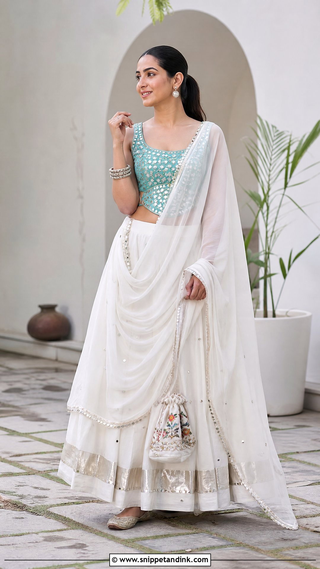 White Dhavani With Mirror Work Blouse - Snippet and Ink - 20 White Dhavani Ideas