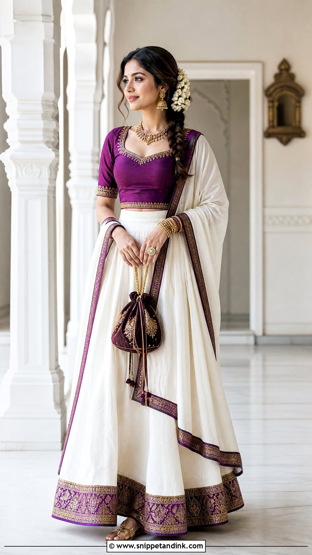 White Dhavani With Purple Blouse - Snippet and Ink - 20 White Dhavani Ideas