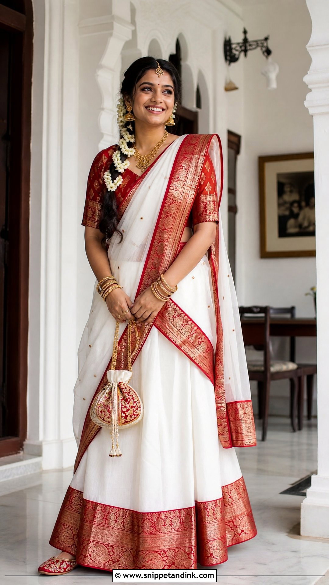 White Dhavani With Red Blouse - Snippet and Ink - 20 White Dhavani Ideas
