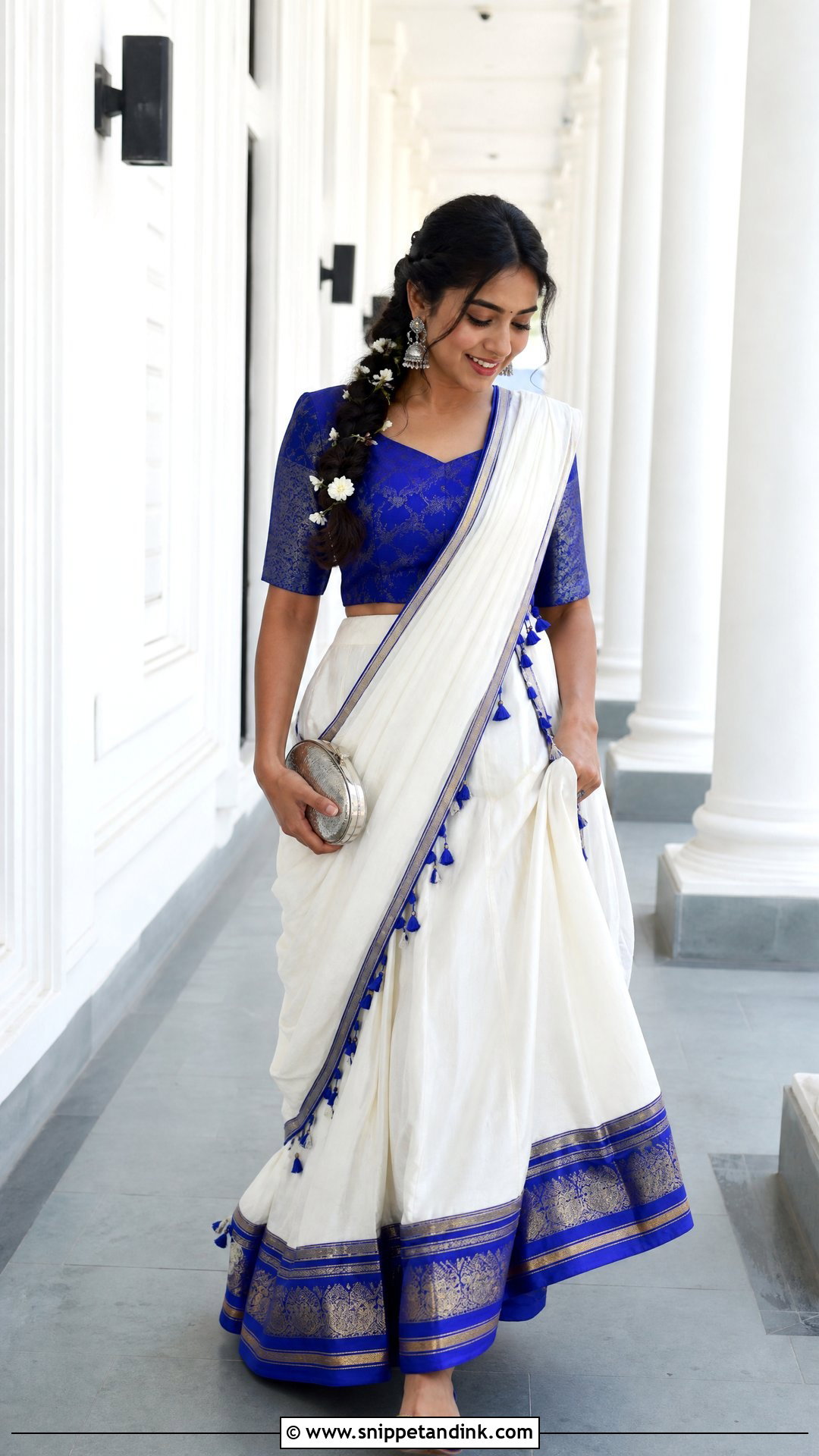 White Dhavani With Royal Blue Blouse - Snippet and Ink - 20 White Dhavani Ideas