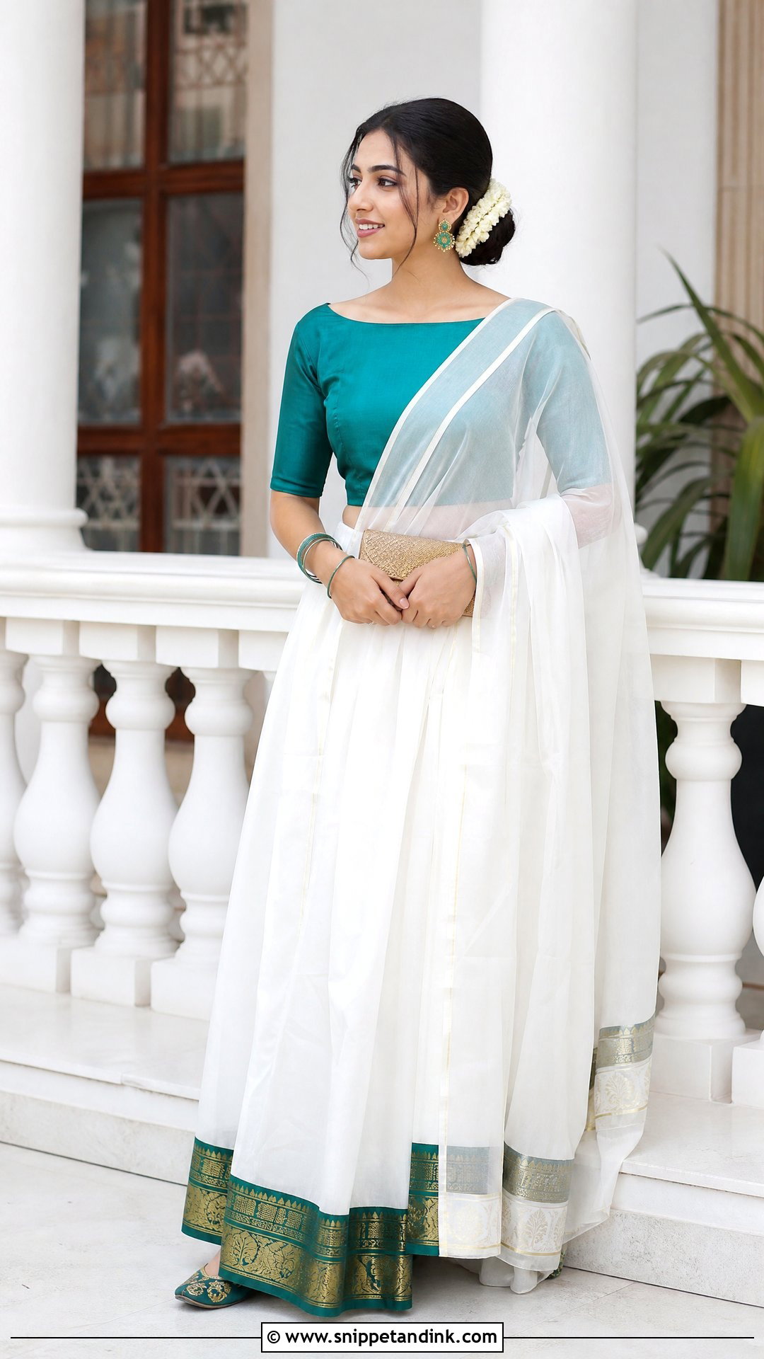 White Dhavani With Teal Blouse - Snippet and Ink - 20 White Dhavani Ideas