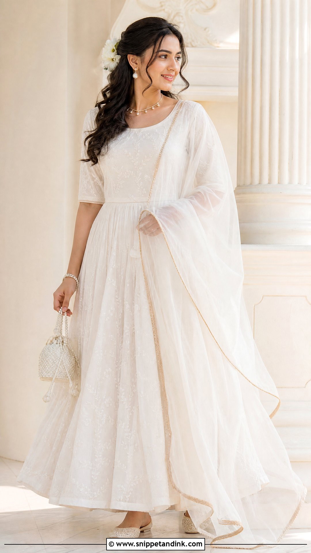 White Dhavani With White Embroidered Blouse - Snippet and Ink - 20 White Dhavani Ideas