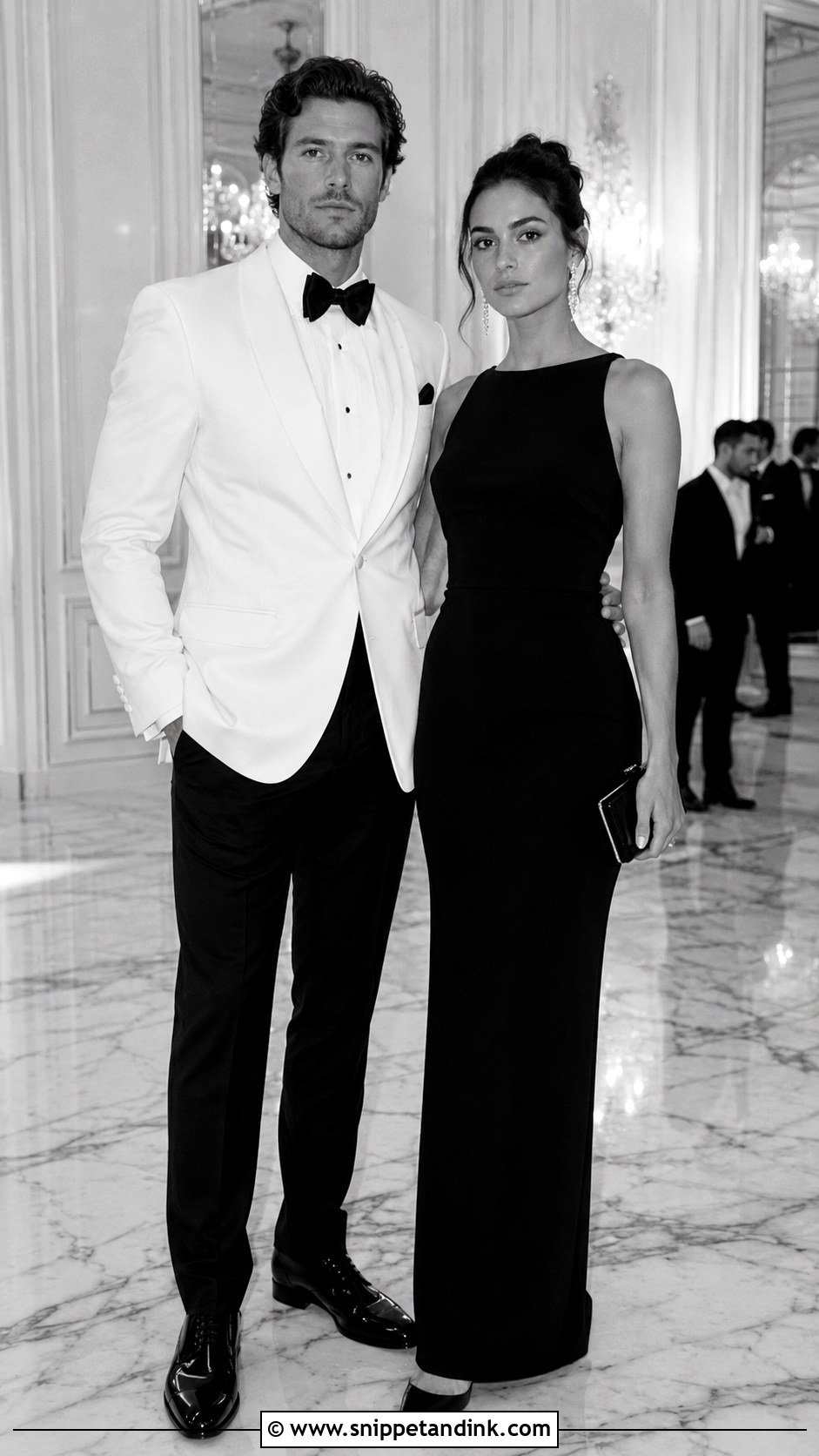 White Dinner Jacket And Black Dress - Snippet and Ink - 20 Couple Suit and Dress Ideas