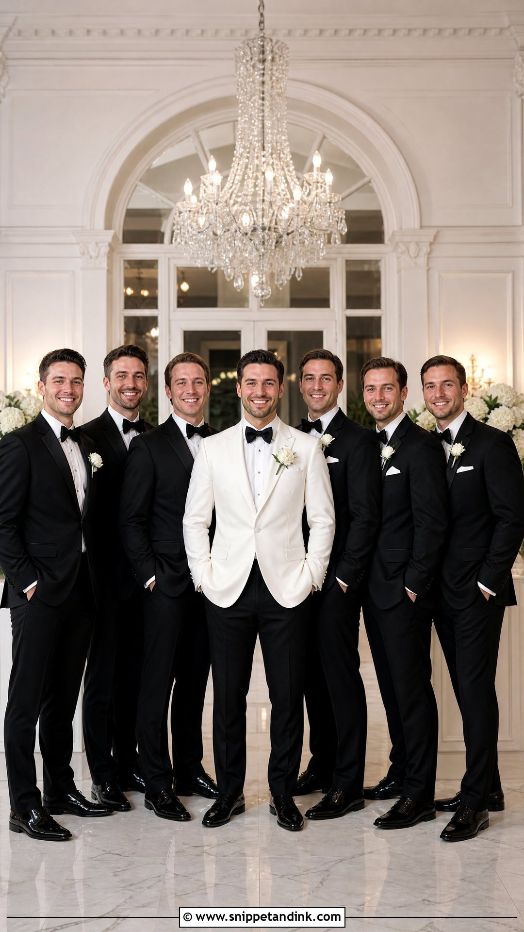 White Dinner Jacket Groom With Black Tuxedo Groomsmen - Snippet and Ink - 20 White Dinner Jacket Wedding Ideas