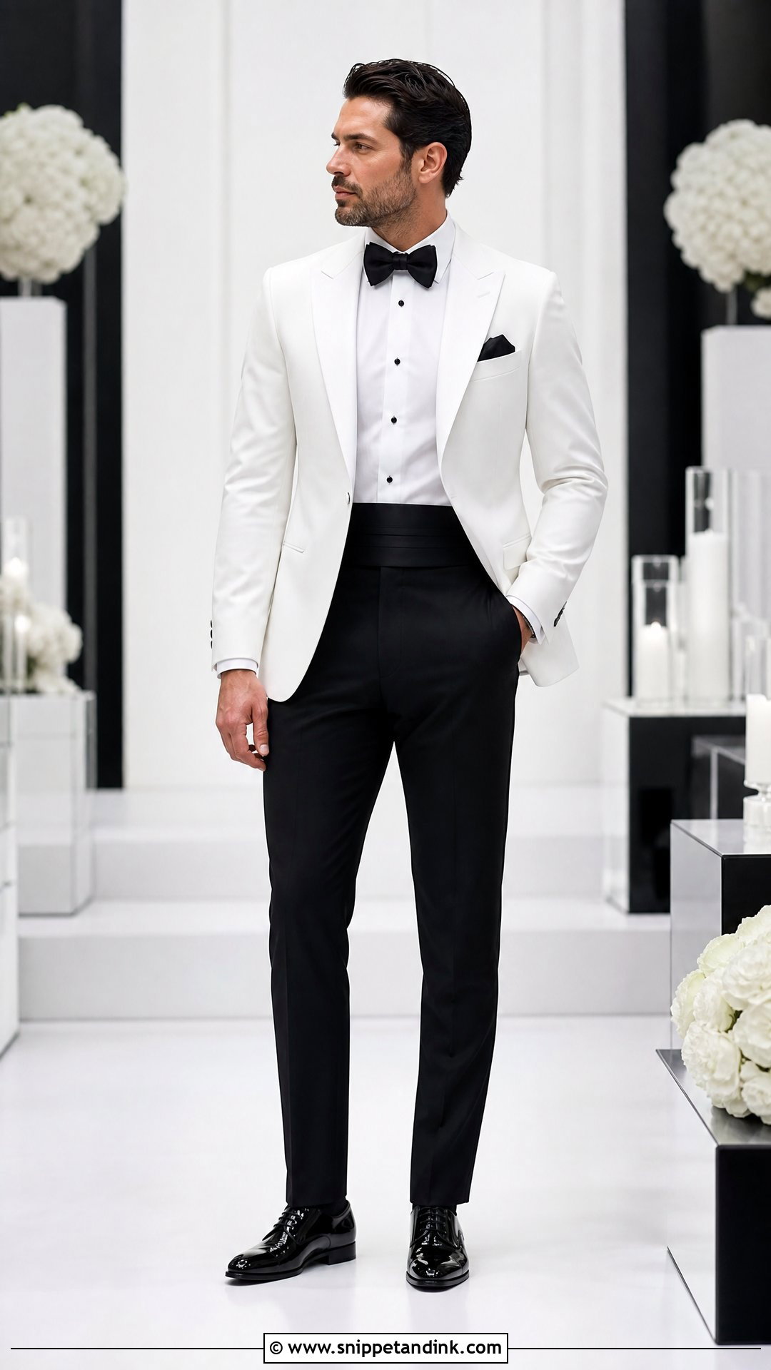 White Dinner Jacket With Black Accessories - Snippet and Ink - 20 White Dinner Jacket Wedding Ideas
