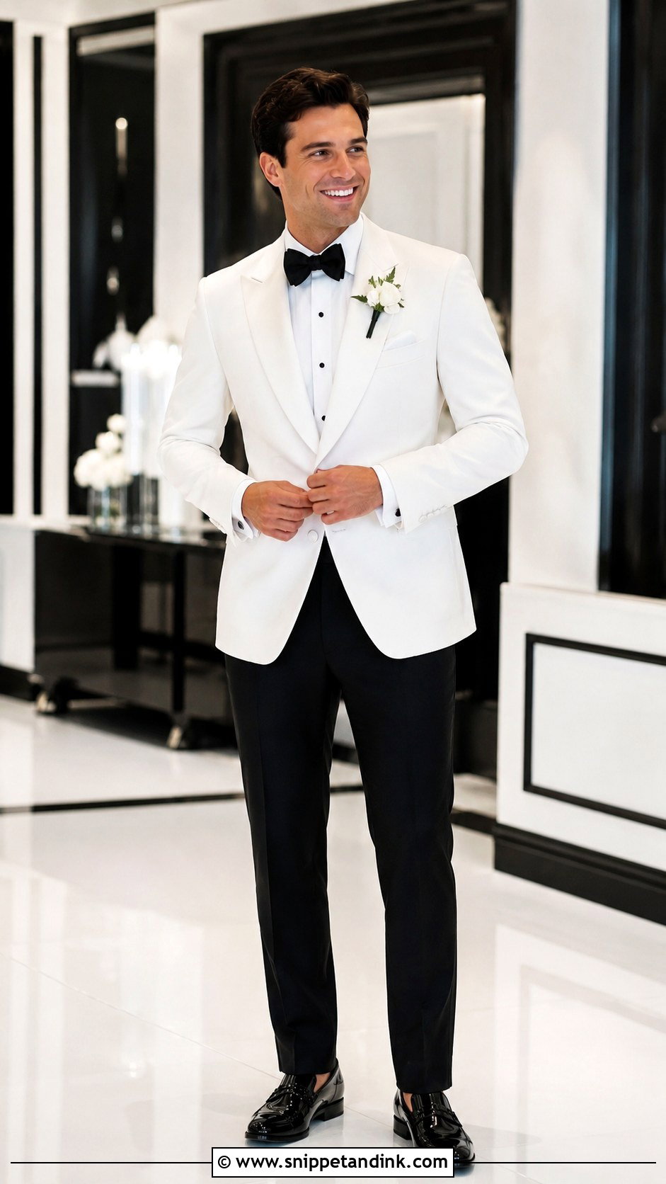 White Dinner Jacket With Black Bow Tie - Snippet and Ink - 20 Bow Tie Wedding Ideas