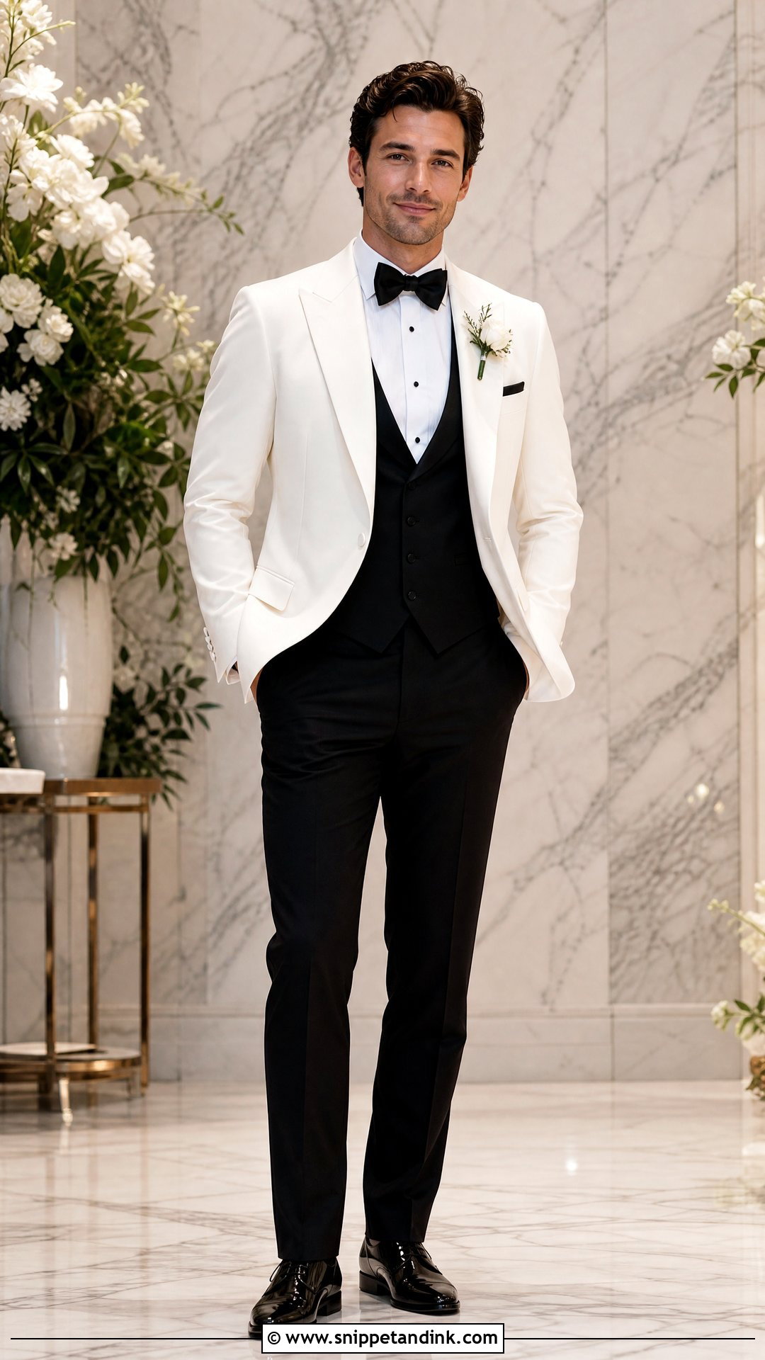 White Dinner Jacket With Black Waistcoat - Snippet and Ink - 20 White Dinner Jacket Wedding Ideas