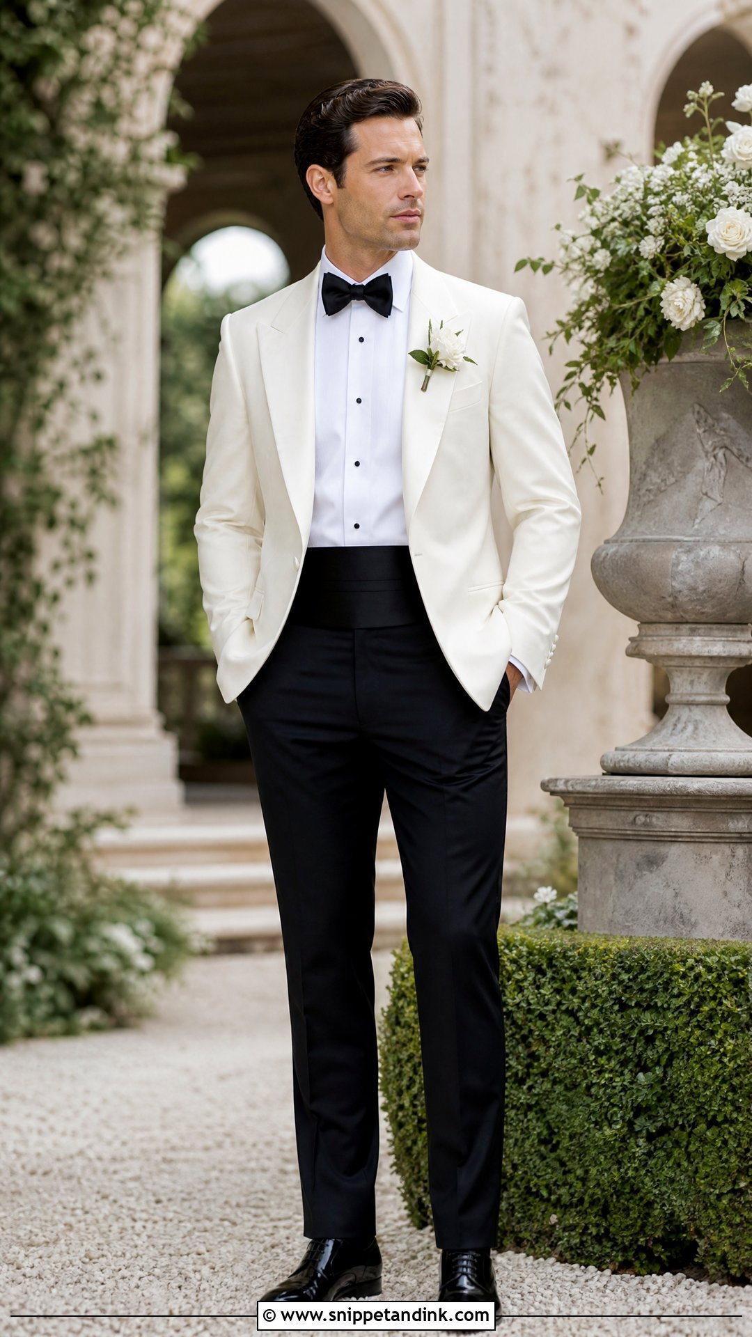 White Dinner Jacket With Floral Boutonniere - Snippet and Ink - 20 White Dinner Jacket Wedding Ideas