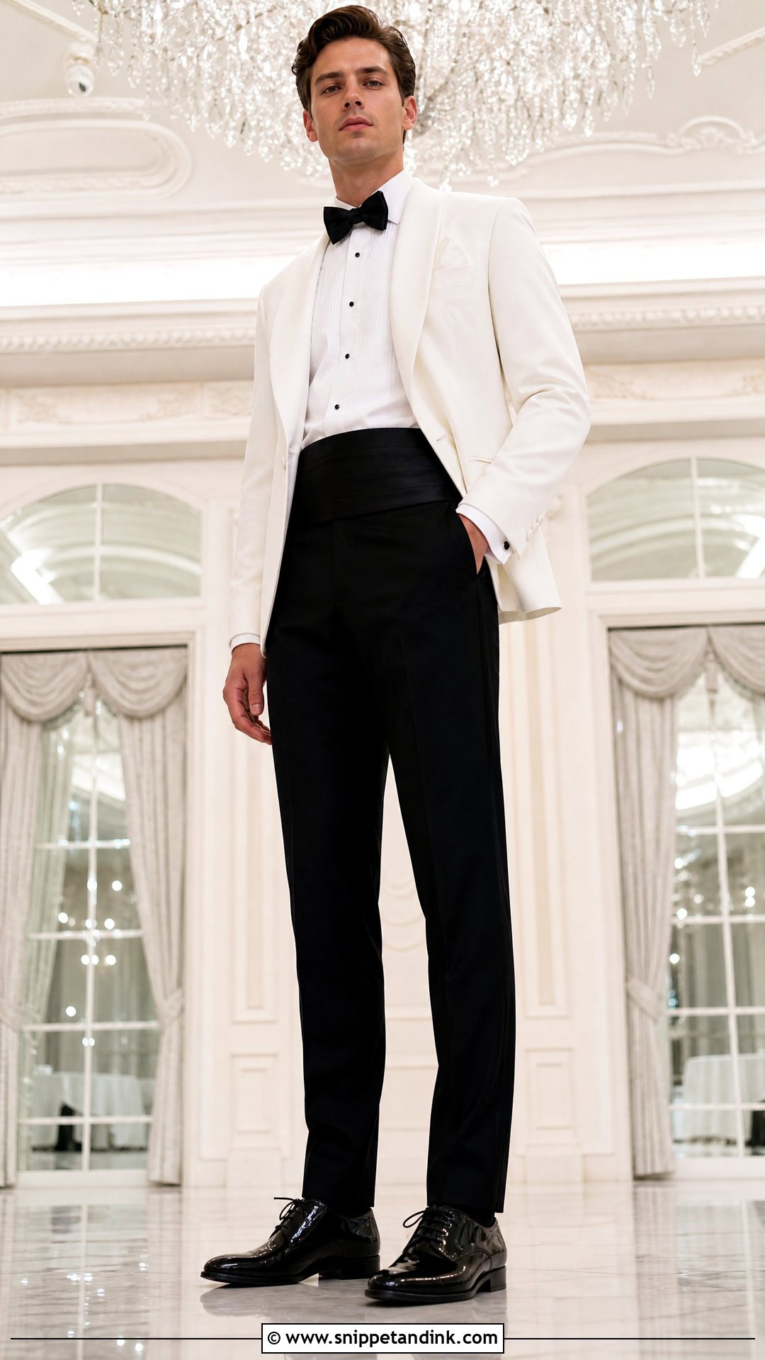 White Dinner Jacket With Patent Leather Oxfords - Snippet and Ink - 20 White Dinner Jacket Wedding Ideas
