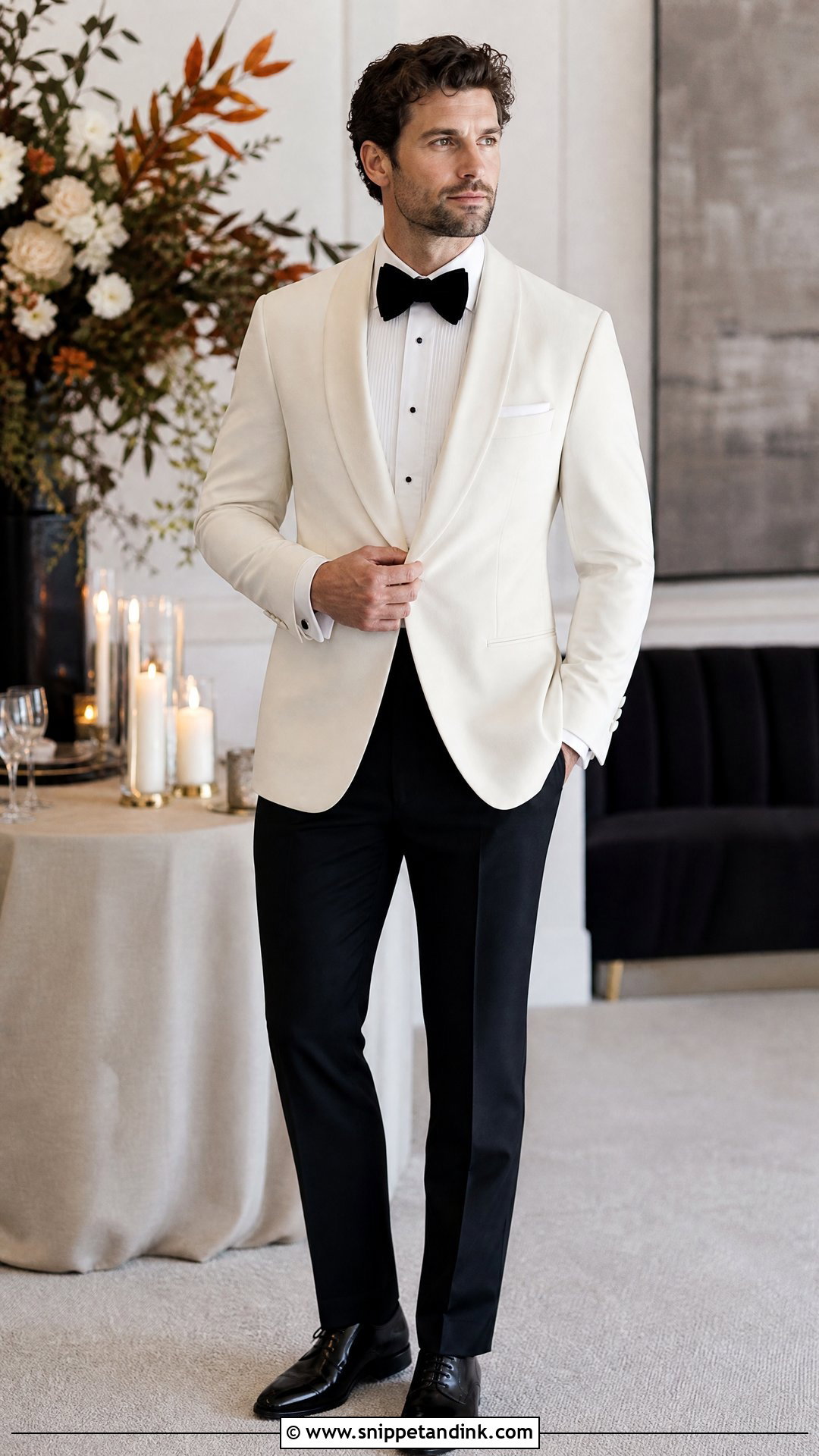 White Dinner Jacket With Velvet Bow Tie - Snippet and Ink - 20 White Dinner Jacket Wedding Ideas