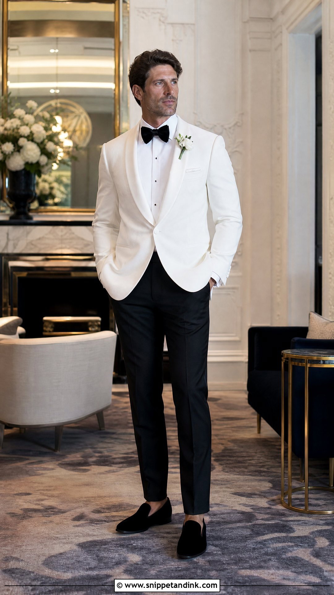White Dinner Jacket With Velvet Loafers - Snippet and Ink - 20 White Dinner Jacket Wedding Ideas