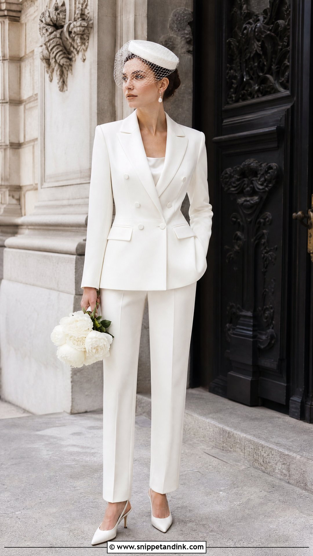 White Double Breasted Bridal Suit With Pillbox Hat - Snippet and Ink - 20 White Bridal Suit Ideas