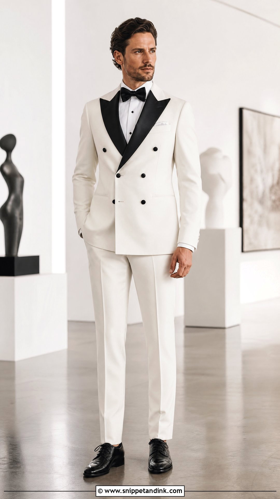 White Double Breasted Tuxedo With Black Accessories - Snippet and Ink - 20 White and Black Tuxedo Wedding Ideas