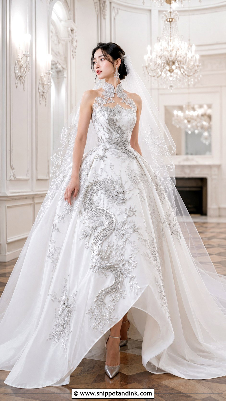 White Dragon Wedding Dress With Silver Embroidery - Snippet and Ink - 20 Dragon Wedding Dress Ideas