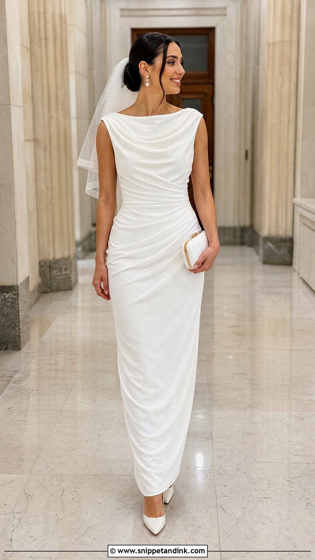 White Draped Maxi Courthouse Wedding Dress - Snippet and Ink - 20 White Courthouse Wedding Dress Ideas