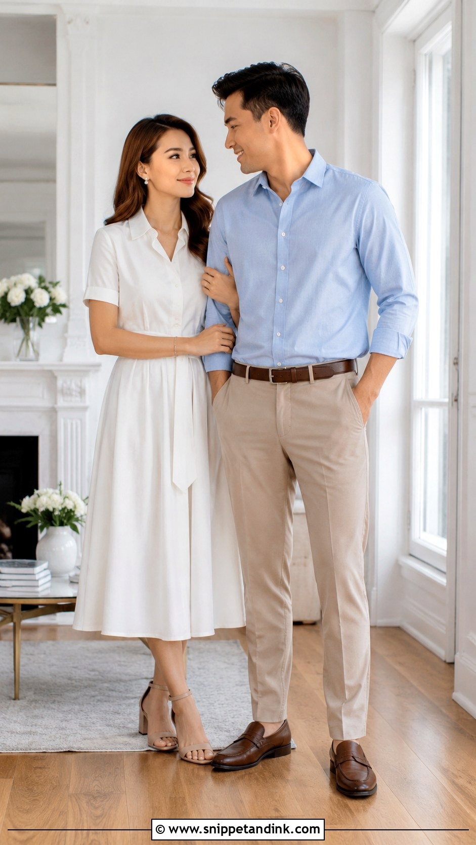 White Dress And Casual Shirt Indoor Prewed Outfit - Snippet and Ink - 20 Prewed Casual Indoor Ideas