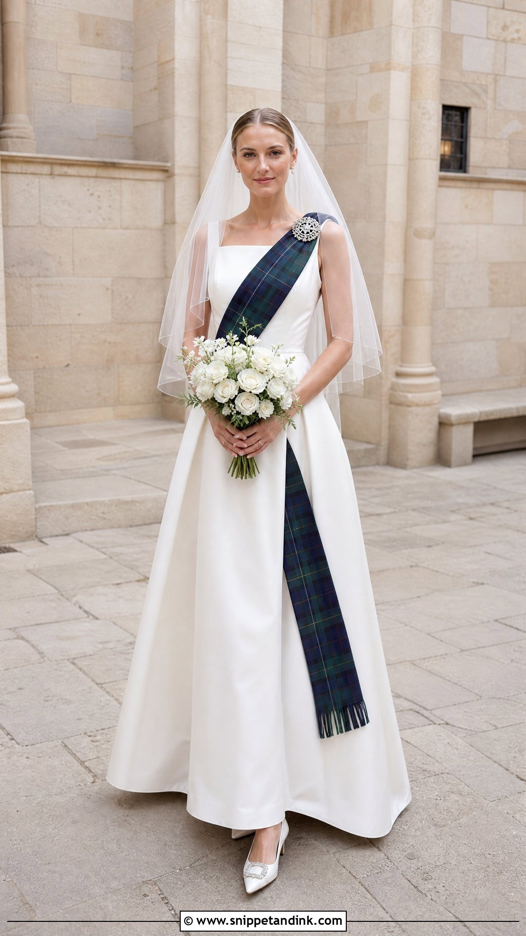 White Dress With Tartan Sash Scottish Wedding Dress - Snippet and Ink - 20 Scottish Wedding Dresses