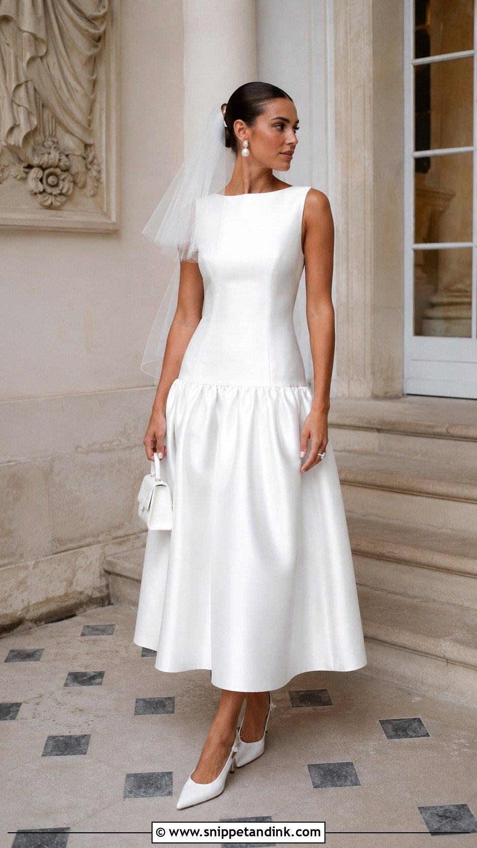 White Drop Waist Satin Midi Wedding Dress - Snippet and Ink - 20 Midi White Wedding Dress Ideas