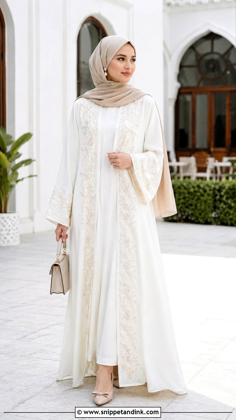 White Embroidered Abaya Outfit - Snippet and Ink - 30 Eid Mubarak Outfit Ideas