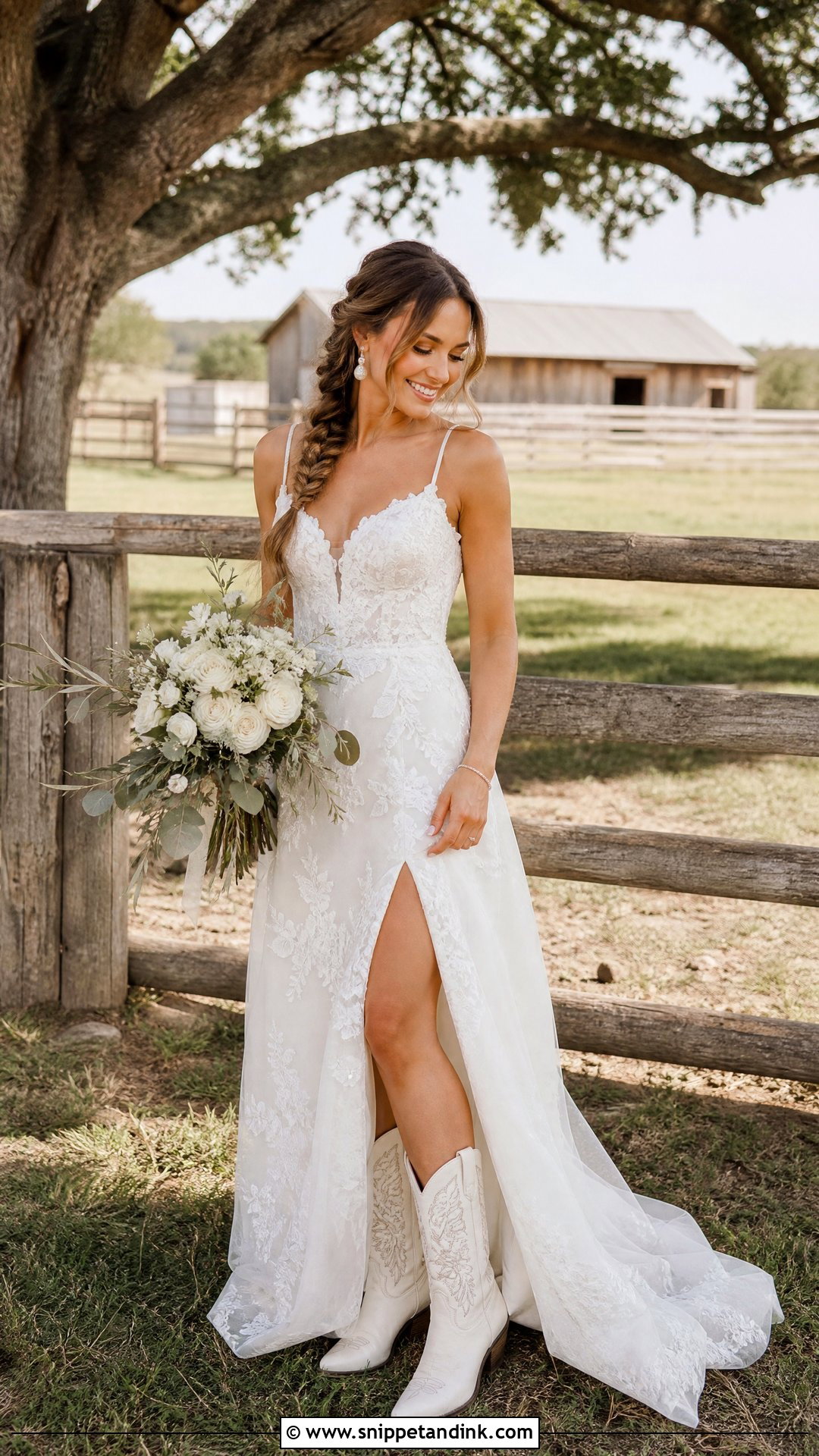 White Embroidered Cowgirl Boots With Lace Wedding Dress - Snippet and Ink - 20 Wedding Cowgirl Boots for Bride Ideas