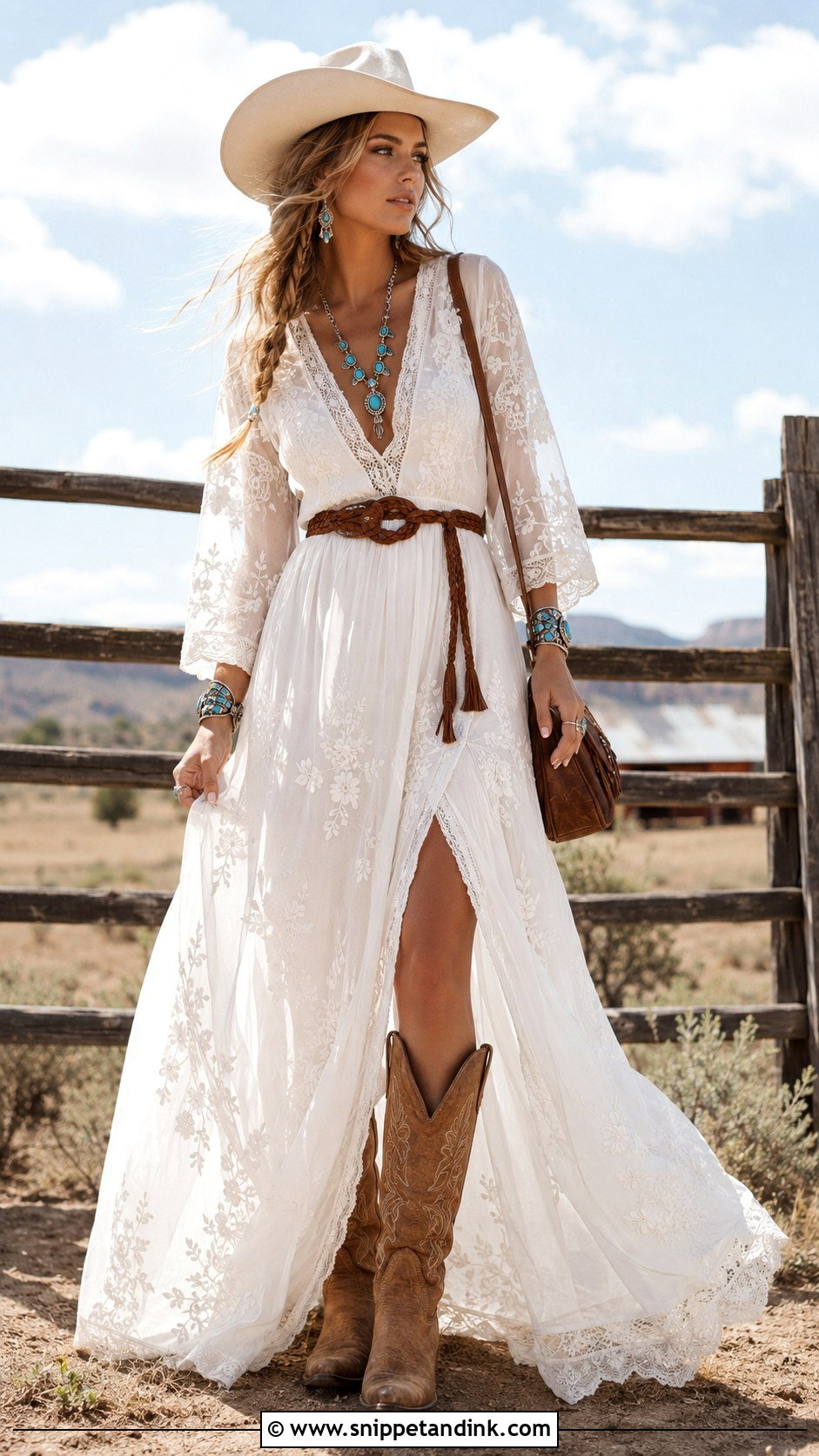 White Embroidered Maxi Dress Bridal Cowgirl Outfit - Snippet and Ink - 20 Bridal Cowgirl Outfit Ideas