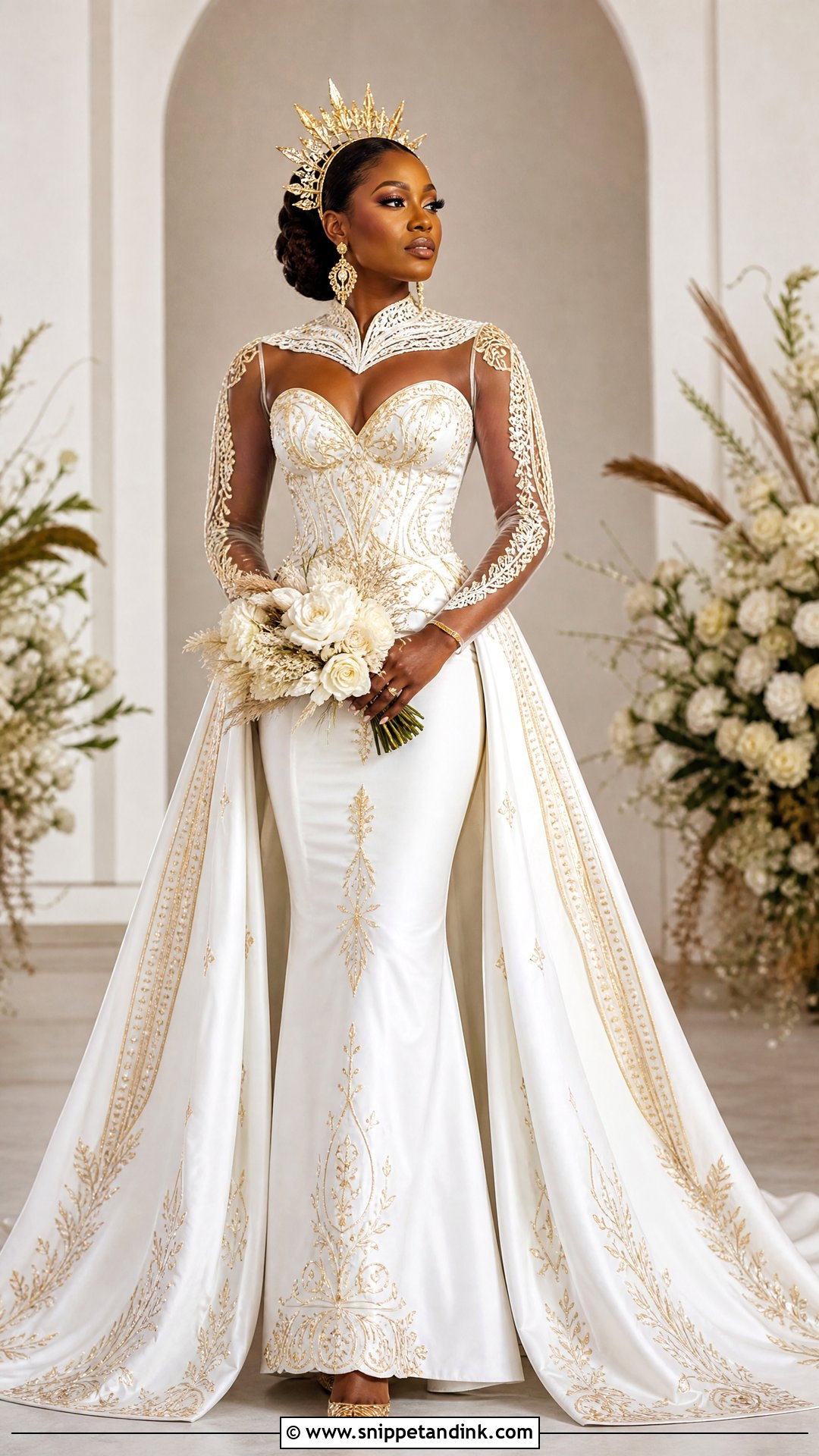 White Embroidered Wedding Dress With Gold Headpiece - Snippet and Ink - 20 White Wedding Dresses Black Women