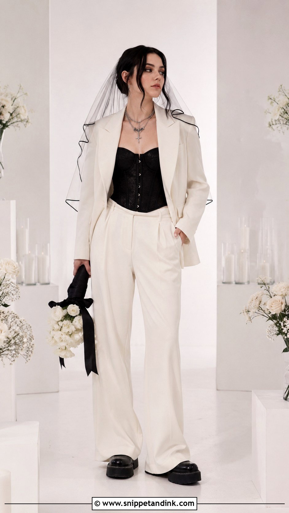 White Emo Bride Suit With Black Corset - Snippet and Ink - 20 Emo Bride Ideas