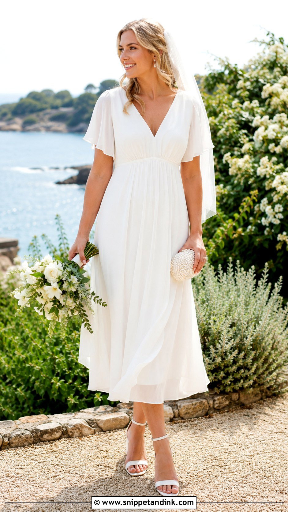 White Empire Waist Chiffon Midi Wedding Dress - Snippet and Ink - 20 Midi White Wedding Dress Ideas