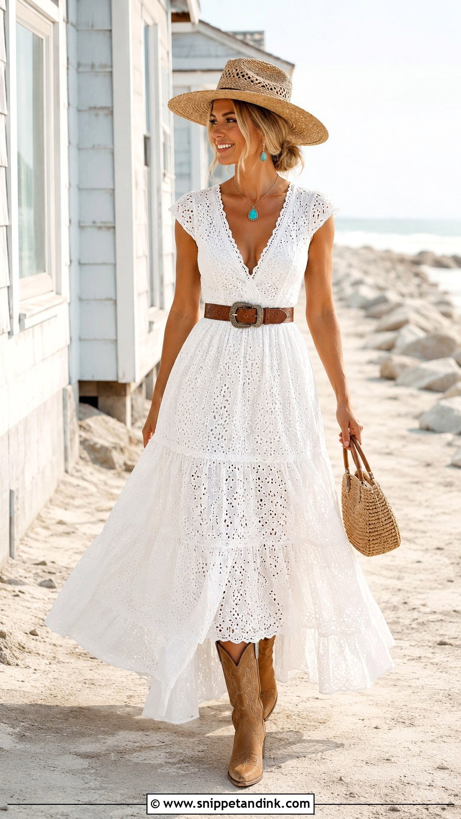 White Eyelet Maxi Dress Coastal Cowgirl Outfit - Snippet and Ink - 20 Coastal Cowgirl Bachelorette Outfit Ideas