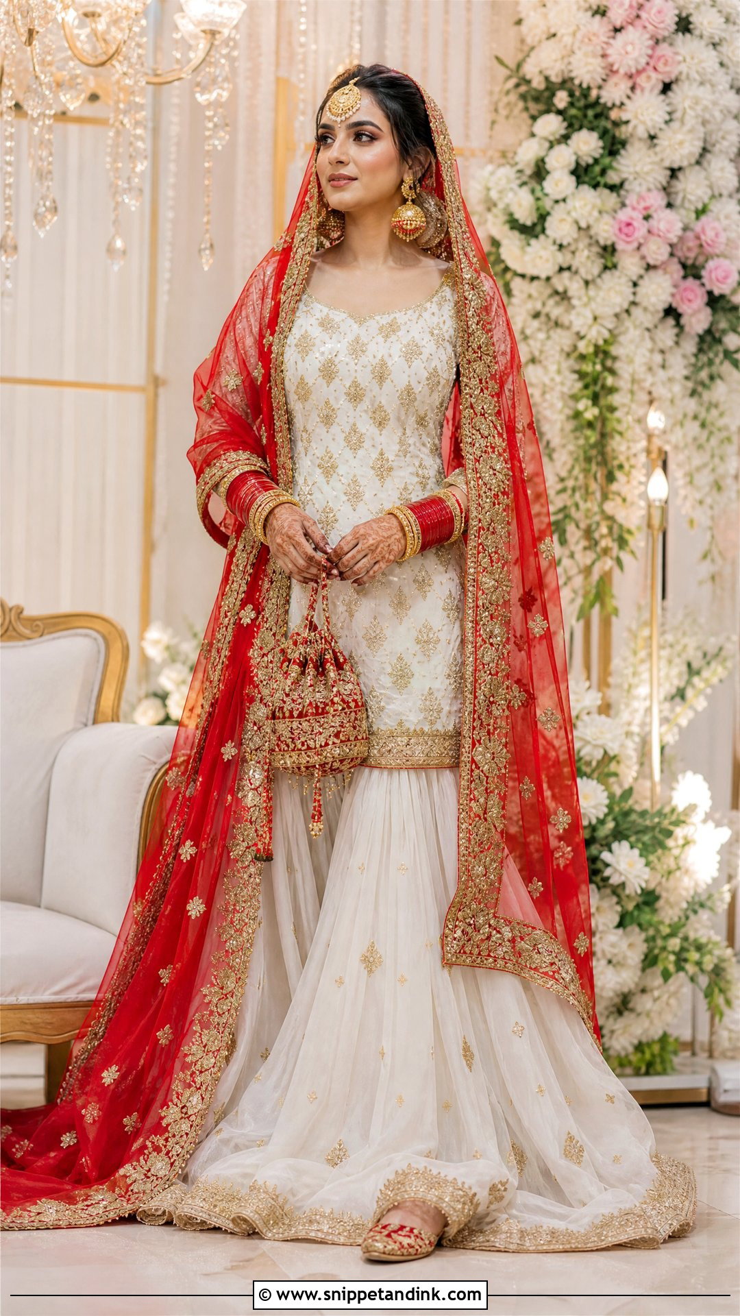 White Farshi Gharara With Red Dupatta - Snippet and Ink - 20 White Nikkah Dress with Red Dupatta Ideas