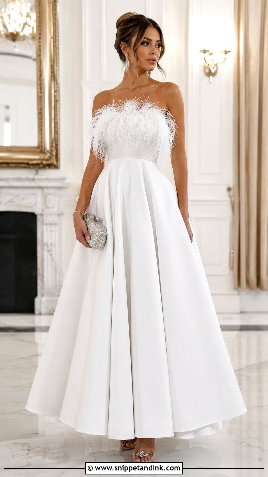 White Feather Trim Ball Gown With Crystal Heels - Snippet and Ink - 25 White Ball Gown Ideas