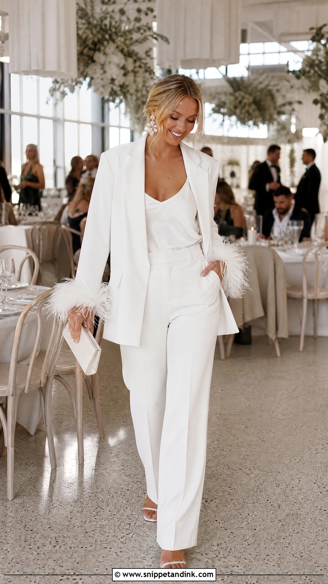 White Feather Trim Bridal Suit With Heeled Sandals - Snippet and Ink - 20 White Bridal Suit Ideas