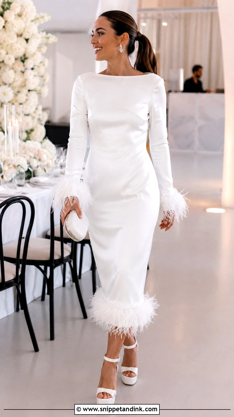 White Feather Trim Midi Wedding Dress - Snippet and Ink - 20 Midi White Wedding Dress Ideas