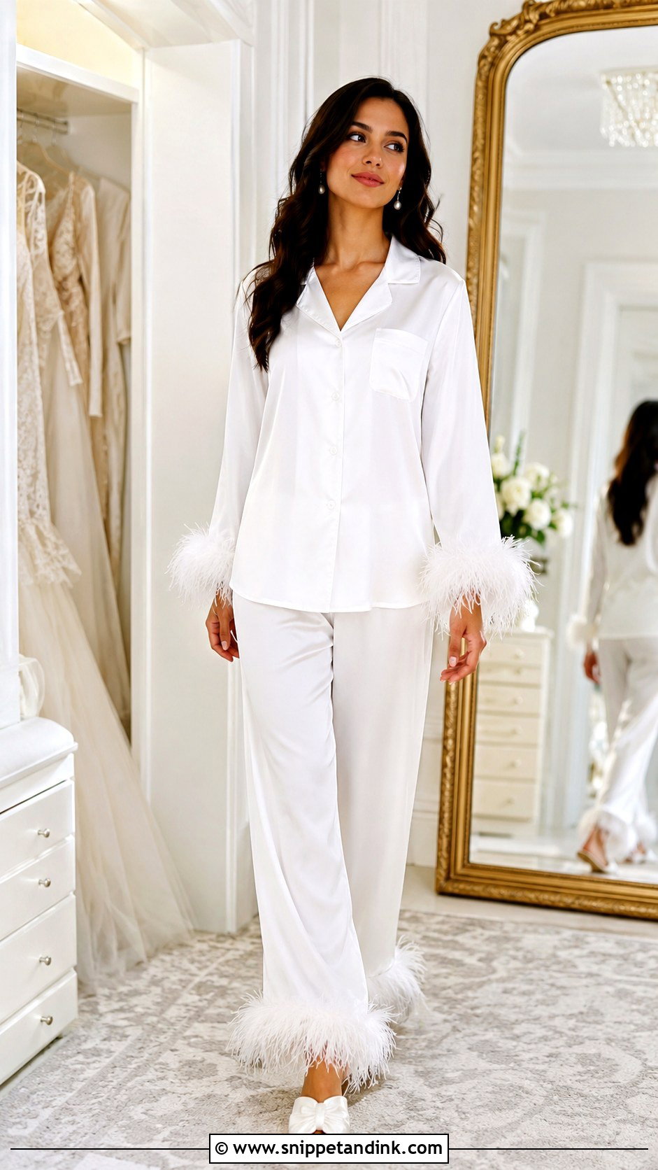 White Feather Trim Pajama Set - Snippet and Ink - 30 Wedding Lingerie Night Outfit Ideas