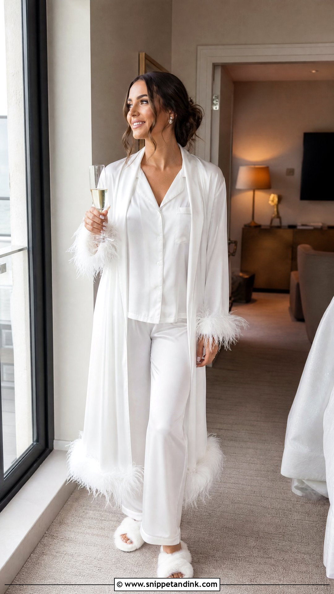 White Feather Trim Pajama Set Winter Bachelorette Party Outfit - Snippet and Ink - 25 Winter Bachelorette Party Outfit Ideas