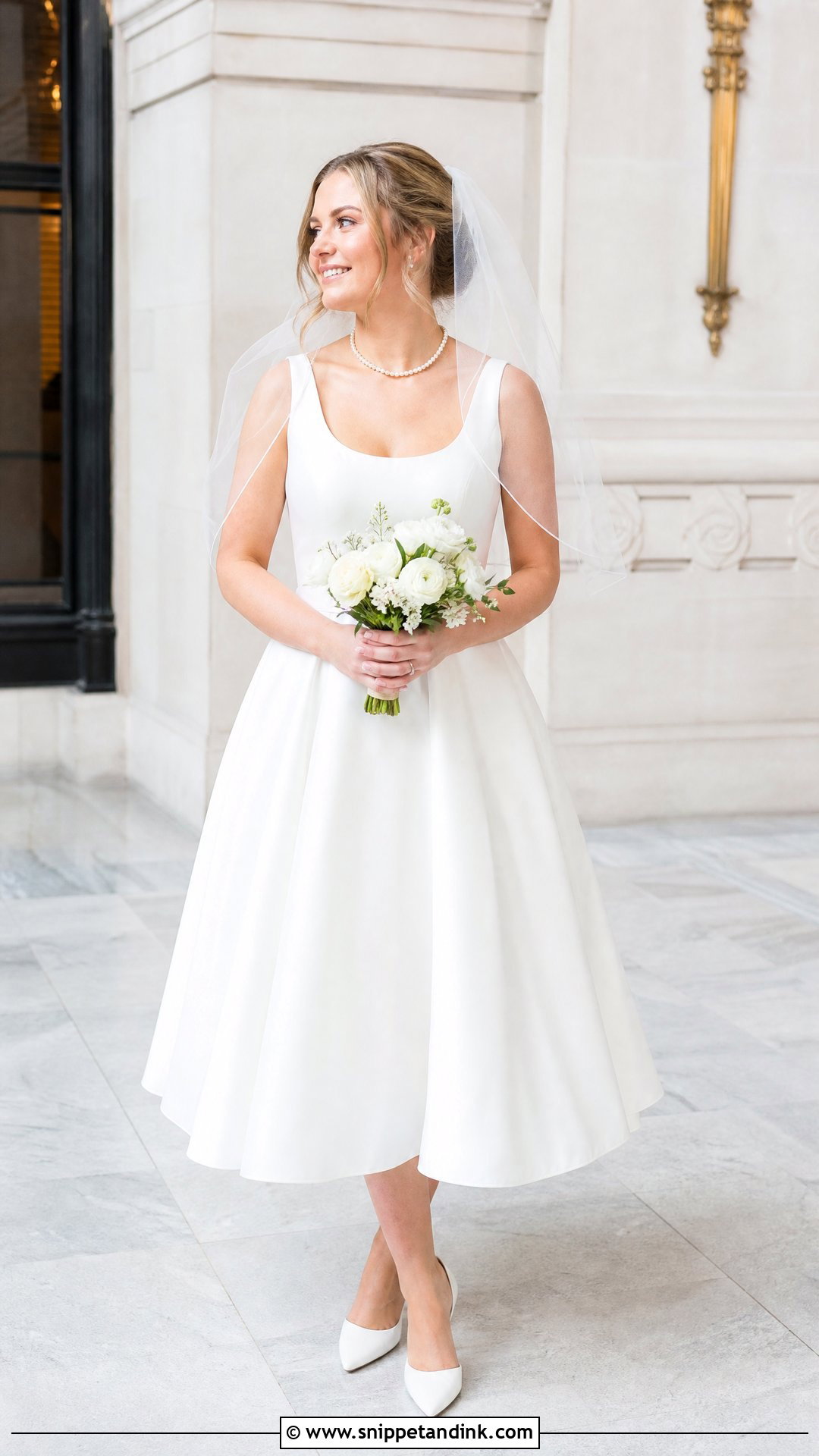 White Fingertip Veil With Tea Length Wedding Dress - Snippet and Ink - 25 White Veil Ideas
