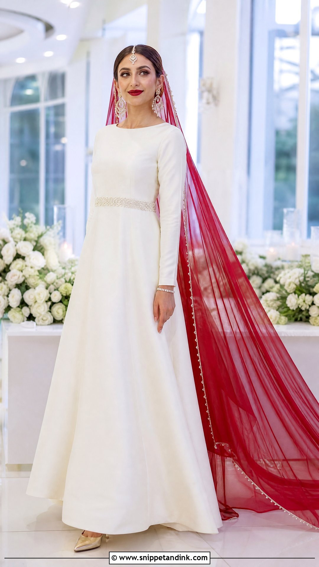 White Floor Length Gown With Red Dupatta - Snippet and Ink - 20 White Nikkah Dress with Red Dupatta Ideas