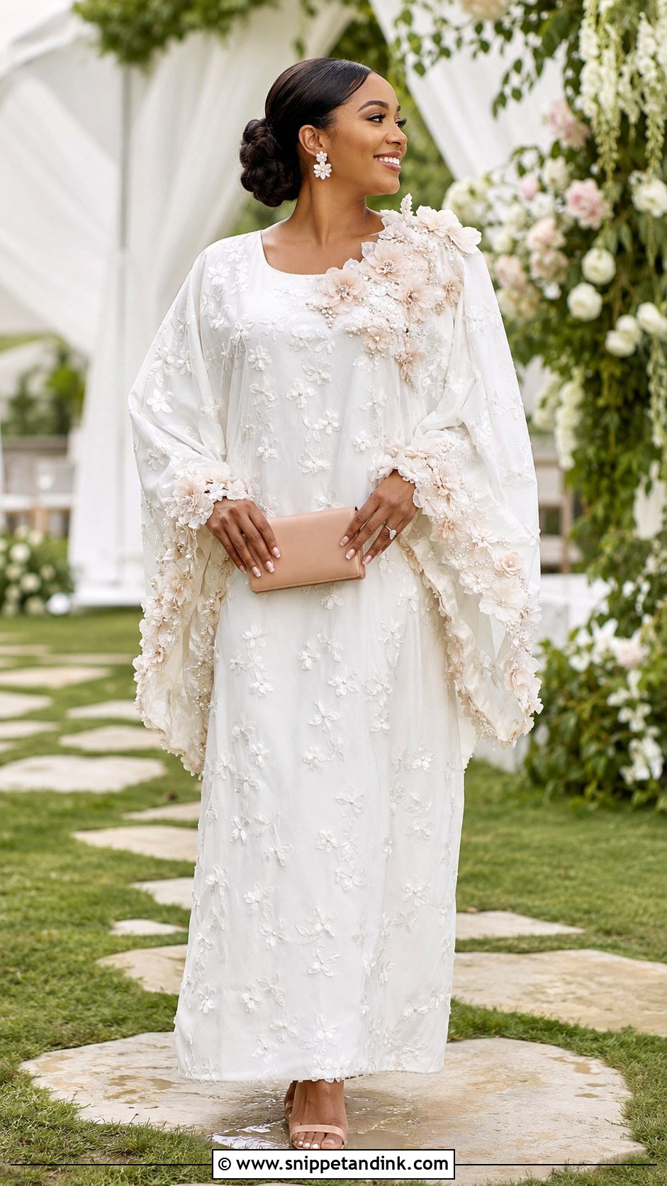 White Floral Applique Bubu Gown - Snippet and Ink - 20 Bubu White Gown Styles