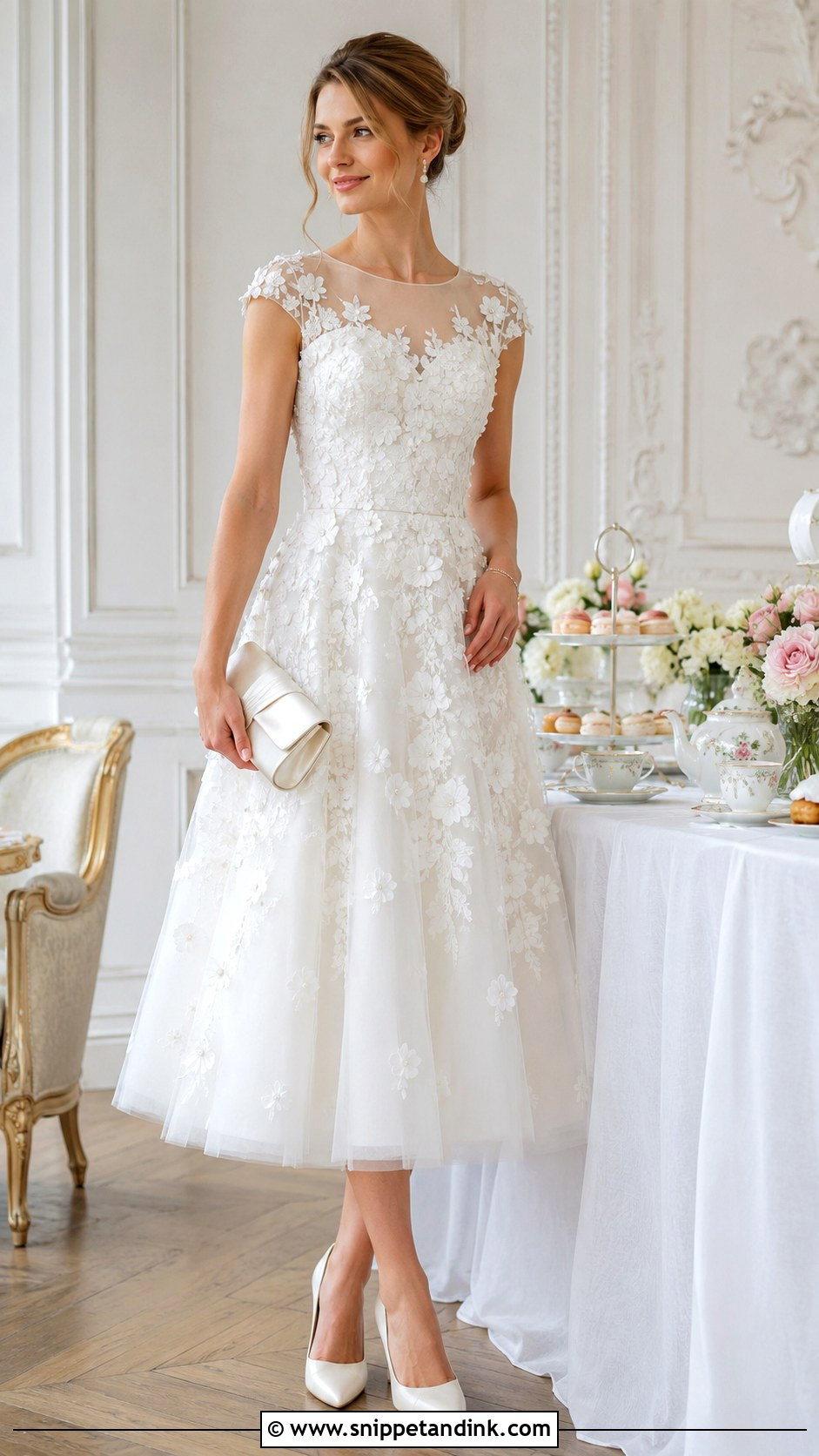 White Floral Applique Dress Bridal Tea Party Outfit - Snippet and Ink - 20 Bridal Tea Party Outfit Ideas