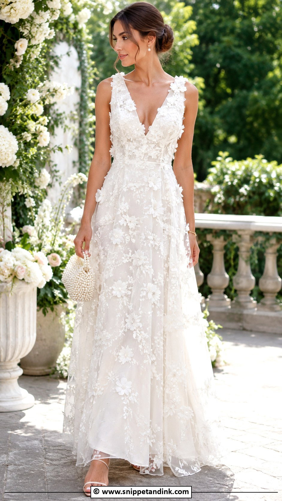 White Floral Applique Gown With Pearl Bag - Snippet and Ink - 30 Elegant Classy White Gowns