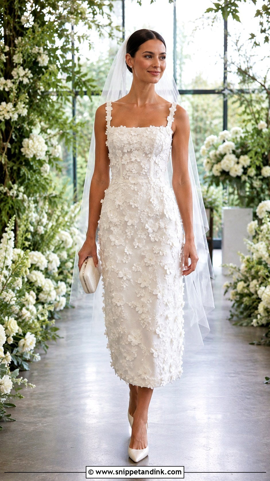 White Floral Applique Midi Wedding Dress - Snippet and Ink - 20 Midi White Wedding Dress Ideas