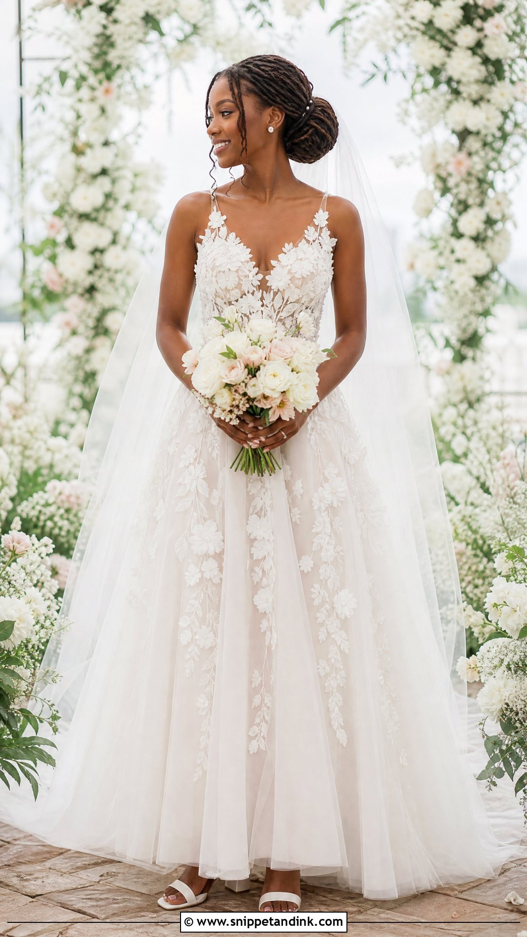 White Floral Applique Wedding Dress With Tulle Veil - Snippet and Ink - 20 White Wedding Dresses Black Women