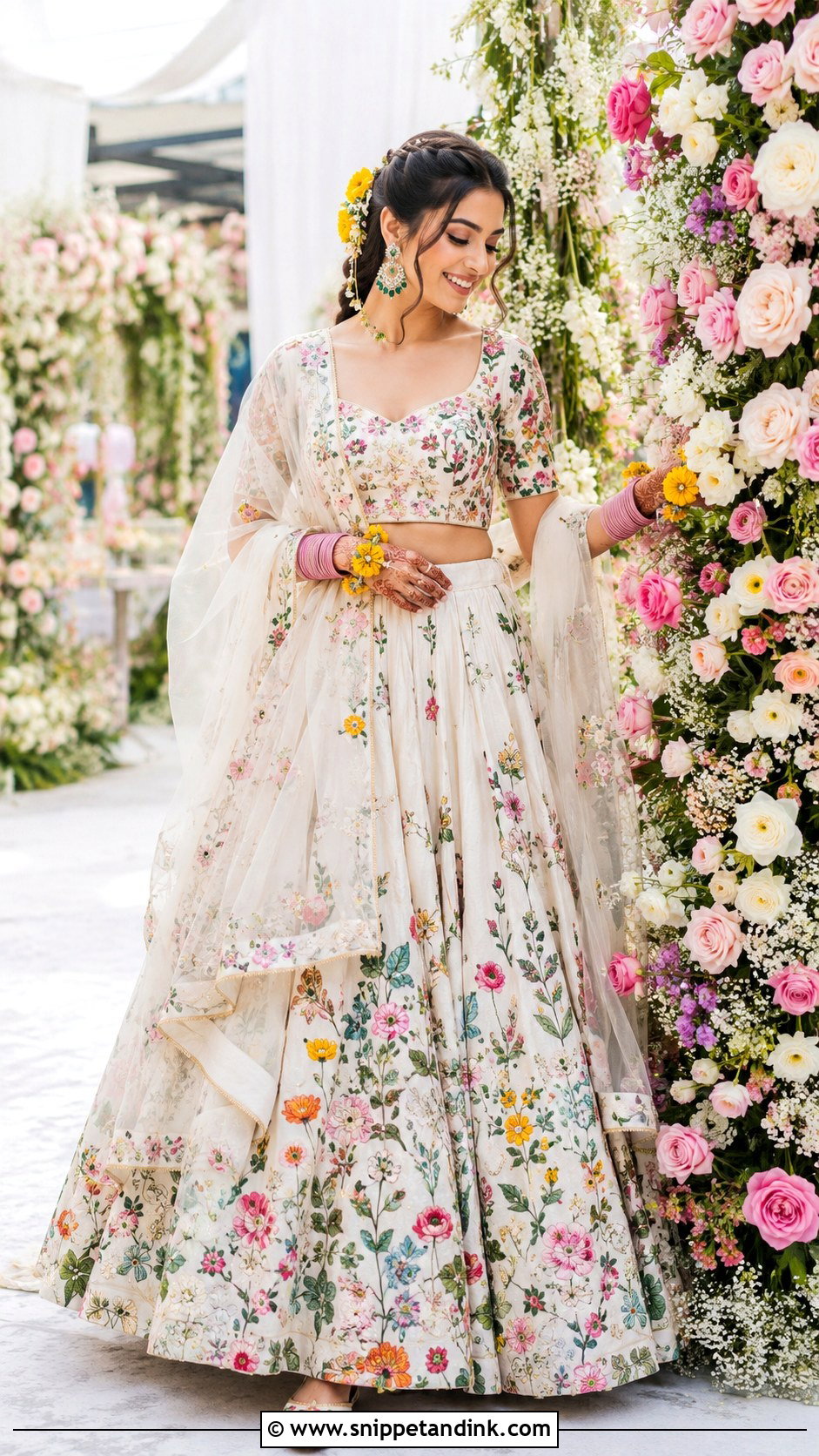 White Floral Bridal Mehendi Lehenga - Snippet and Ink - 20 Bridal Mehendi Outfit Ideas