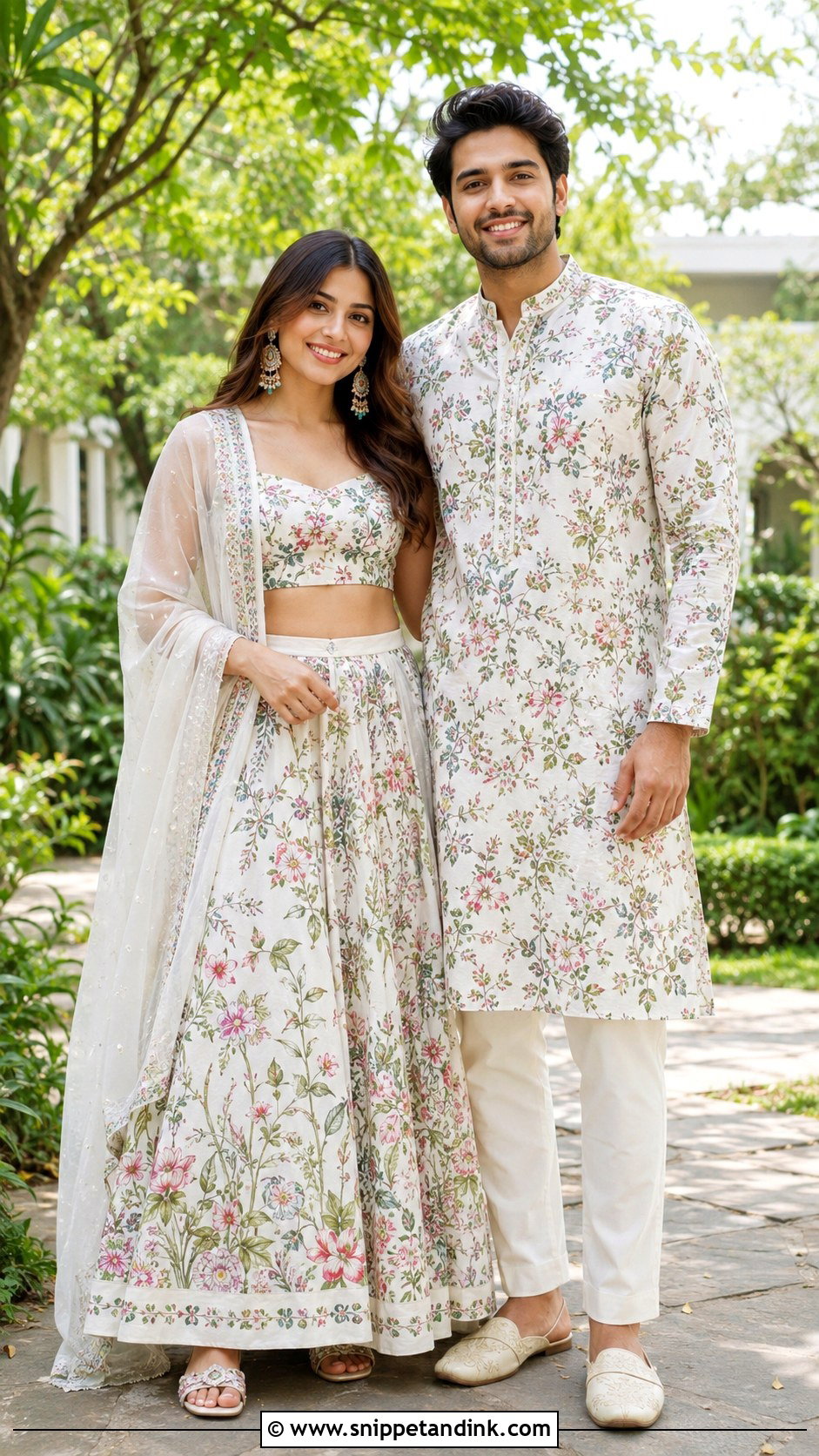 White Floral Lehenga And Printed Kurta - Snippet and Ink - 20 Couple Matching Outfits Indian Wedding