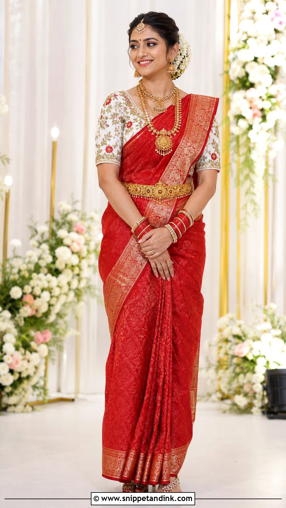 White Floral Maggam Work Blouse With Red Saree - Snippet and Ink - 20 Maggam Work Blouse Designs Bridal Indian Weddings